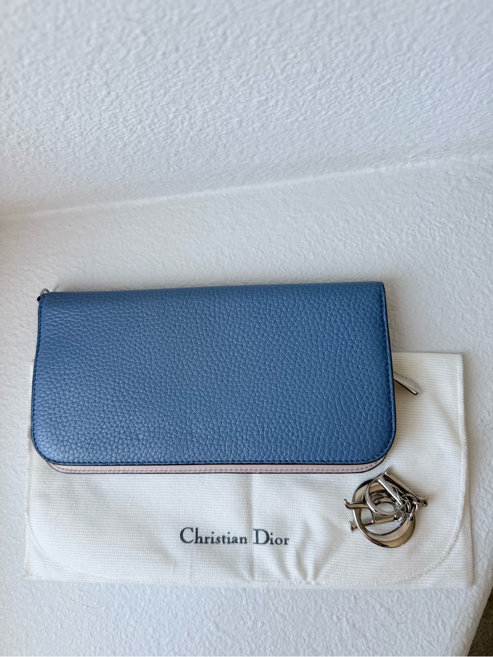 Christian Dior Diorissimo Blue Leather Long Wallet Silver DIOR Charm Authentic